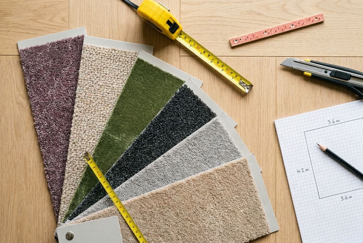 Carpet samples fanned out on an oak floor beside a yellow tape measure, a gripper strip, a trimming knife and a squared-paper room sketch.